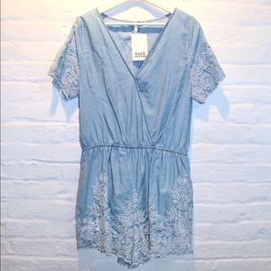 Pants & Jumpsuits - Chambray Embroidered Romper Pants & Jumpsuits - Chambray Embroidered Romper
